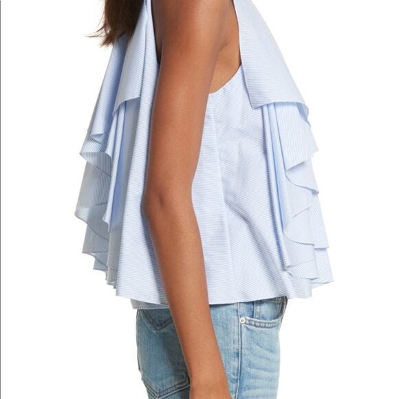 CAROLINE CONSTAS Like New Adrie Striped Ruffle Blouse L Blue White Sleeveless - Picture 3 of 14